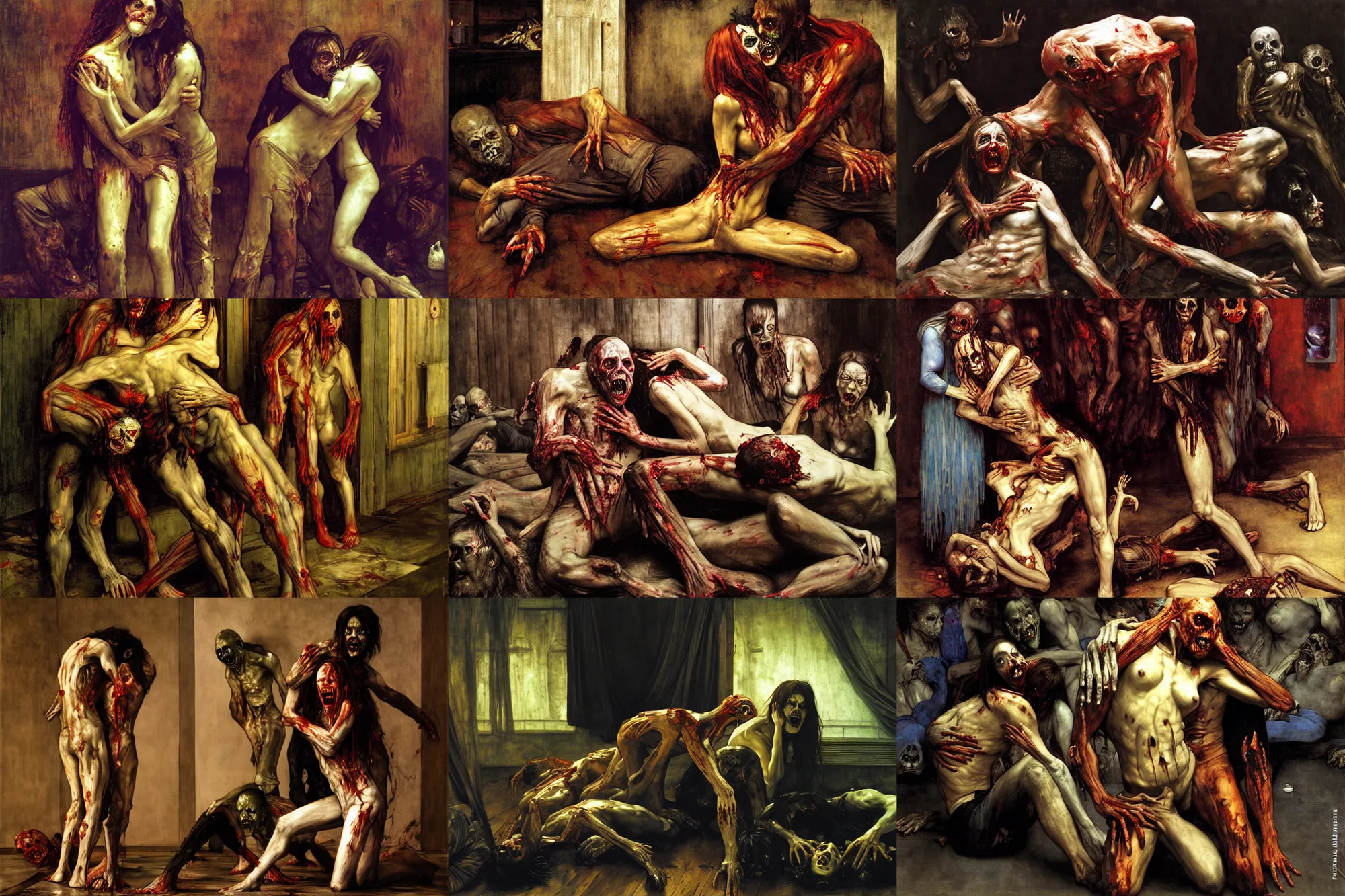 Prompt: zombie man sitting on the floor while devouring a woman, hugging each other in living room of a modern kentucky house, dramatic lighting, vivid colors, deviantart by edgar maxence and caravaggio and michael whelan and delacroix, dawn of the dead, walking dead