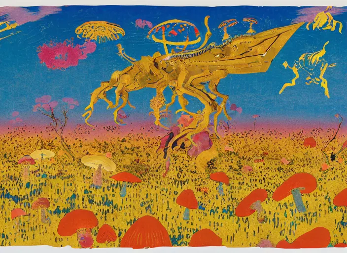 Image similar to expressionistic decollage painting golden armor alien zombie horseman riding on a crystal bone dragon broken rainbow diamond maggot horse in a blossoming meadow full of colorful mushrooms and golden foil toad blobs in a golden sunset, distant forest horizon, painted by Bill Traylor, Hokusai, Hilma af Klint and Georg Baselitz, pixelated, semiabstract, color field painting, byzantine art, png compression glitch, pop art look, naive, outsider art. Mark Rothko painting, part by Philip Guston and Frank Stella. art by Adrian Ghenie, 8k, extreme detail, intricate detail, masterpiece