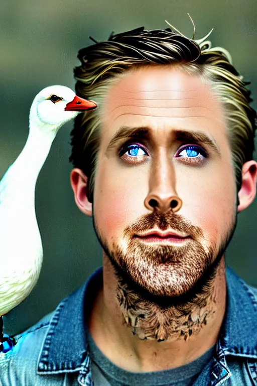 Image similar to ryan gosling fused with a goose, construction, natural light, bloom, detailed face, magazine, press, photo, steve mccurry, david lazar, canon, nikon, focus