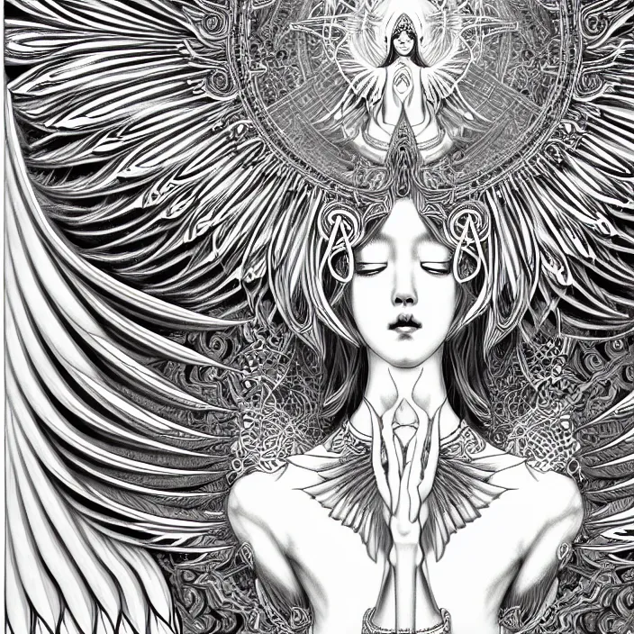 Prompt: stylized art of an psychedelic angelic celestial being by jung gi kim, trending on artstation, winged head, white gold skin, ayahuasca, sacred geometry, esoteric art