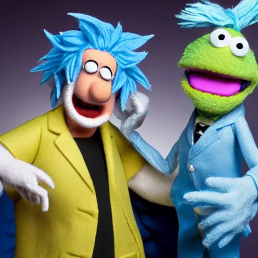 Image similar to rick sanchez with blue hair, wearing a white lab coat as a muppet. hyper real. 4 k. very detailed.