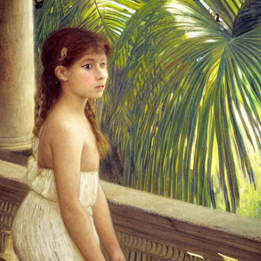 Image similar to a ultradetailed beautiful painting of a girl in the amazonas palace balustrade designed by jules bastien - lepage, hans belmer, frank weston and gustave baumann, beach, trending on artstation, mediterranean, palm trees, refracted color sparkles, sharp focus, soft light, 8 k 4 k