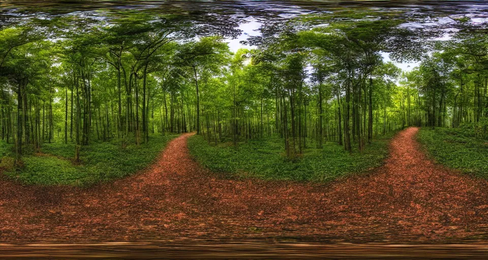 Image similar to A panoramic 360 landscape photo of beautiful forest pathway scenery. PROMPT, XF IQ4, 150MP, 50mm, f/1.4, ISO 200, 1/160s, natural light, Adobe Photoshop, Adobe Lightroom, DxO Photolab, Corel PaintShop Pro, rule of thirds, symmetrical balance, depth layering, polarizing filter, Sense of Depth, AI enhanced