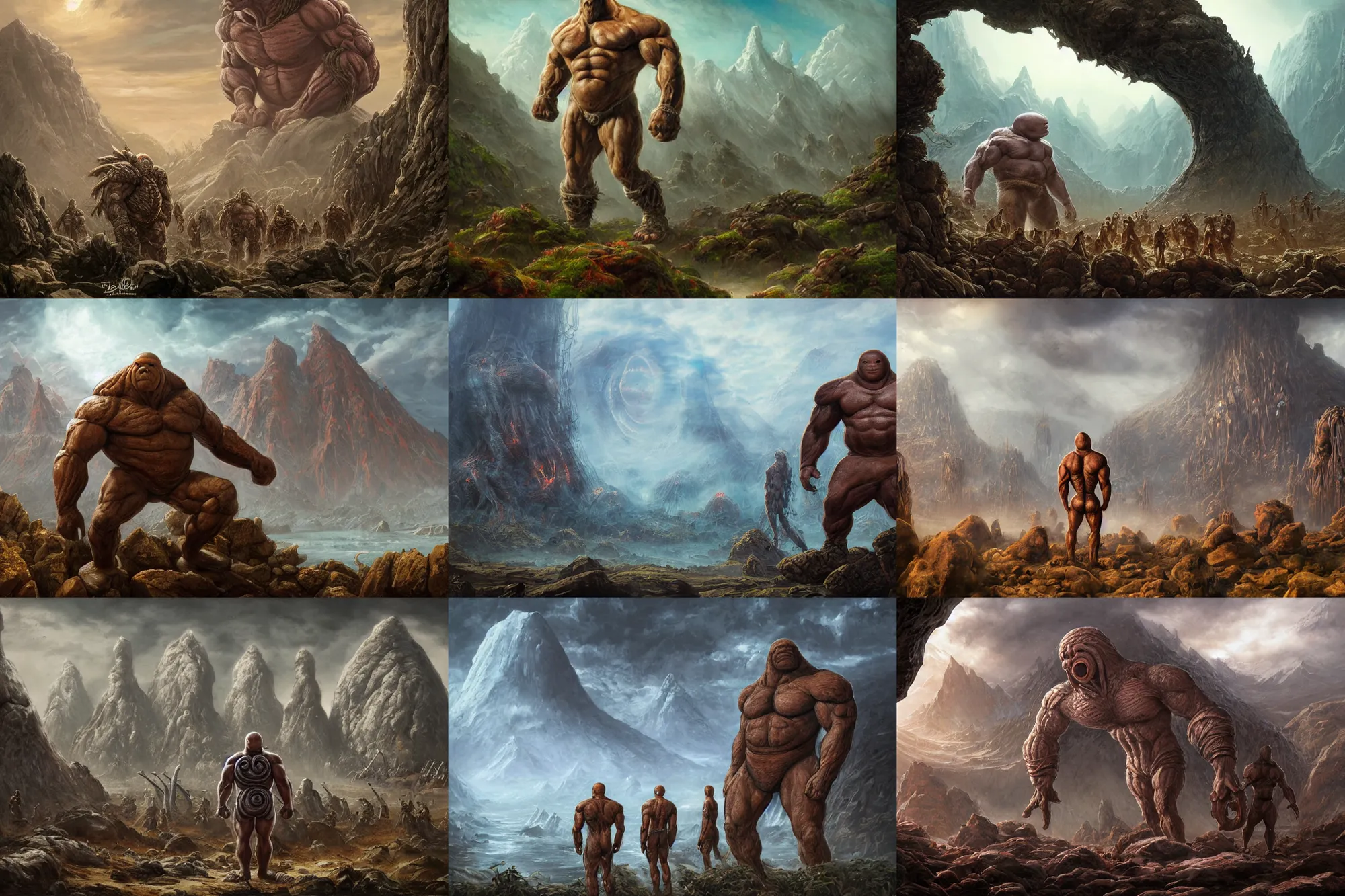 Prompt: highly detailed elden ring portrait photo of a huge muscular humanoid diglett prometheus engineer wandering in a scenic dystopian environment. a group of even bigger massive digletts in the background, hyperrealistic illustration by william didier - pouget