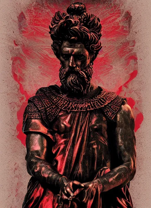 Image similar to dark design poster showing a statue of marcus aurelius, black background with very subtle red and purple design elements, powerful, nekro, guido crepax, graphic design, collage art, thin lines, dark, glitch art, neo vaporwave, gritty, layout frame, square, trending on artstation