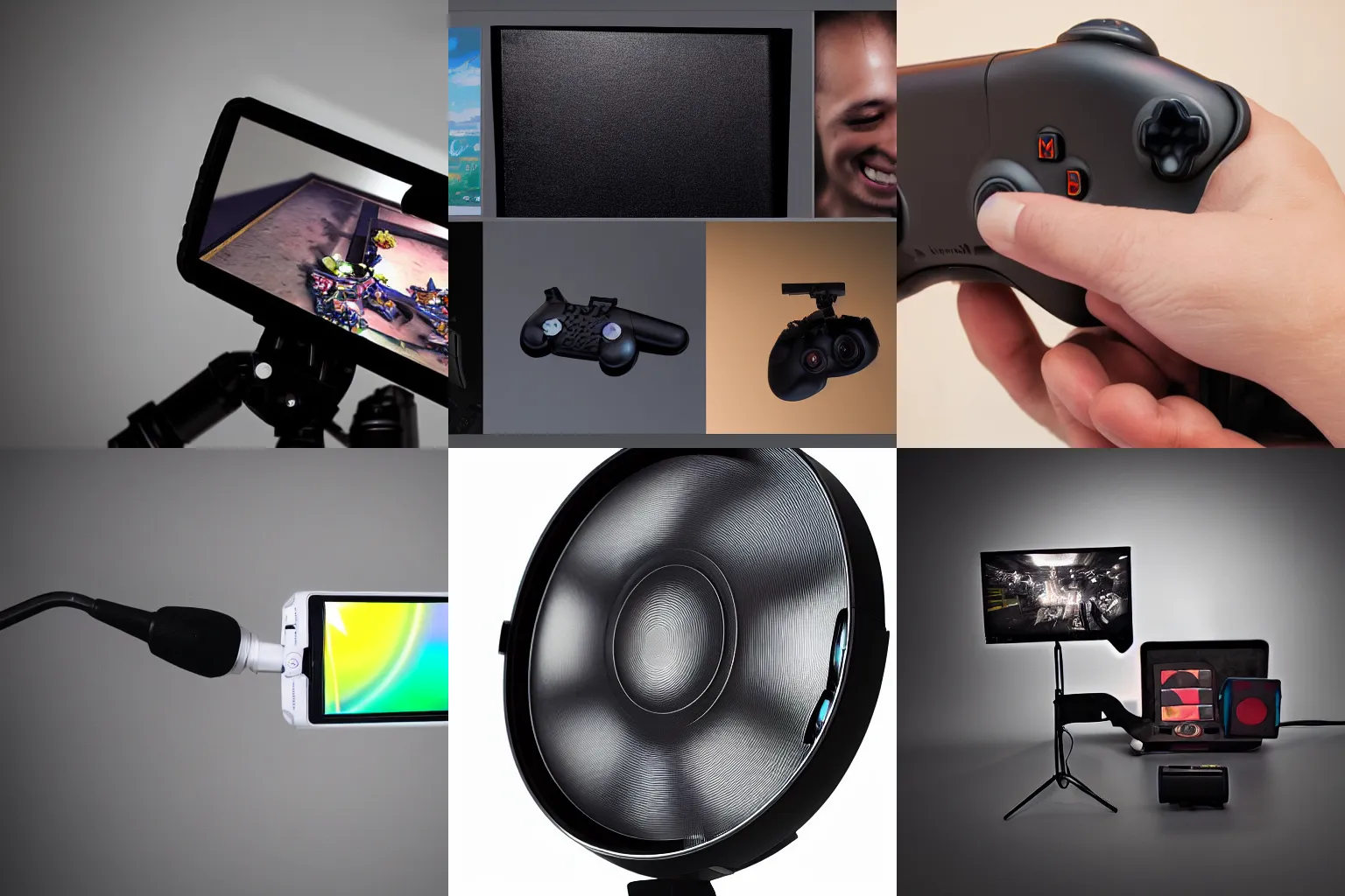 Prompt: portable video game device, macro, product photography, studio light, prism highlights