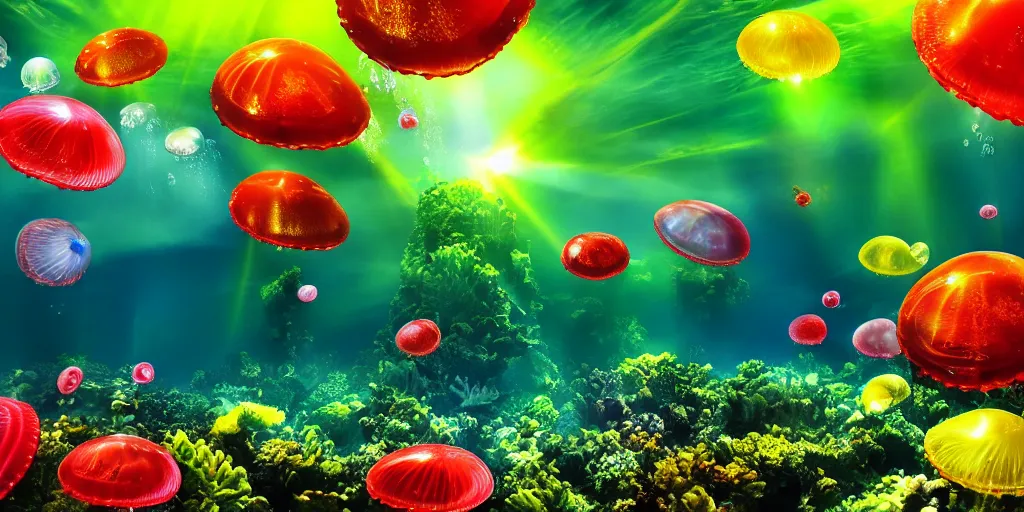 Prompt: full - length photorealism uhd professional photo underwater landscape with flying jellyfishes, green yellow and bit of red colors, high detailed, upper volumetric lightning, 3 5 mm