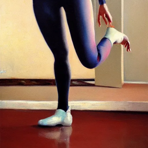 Image similar to realistic oil painting of athletic woman, woke up to yoga pants and uggs boots, alexis flower, wlop, rutkowski, hopper