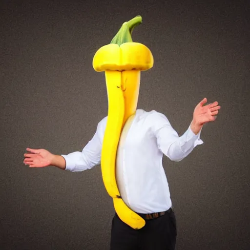 Image similar to an antropomorphic banana wearing a business suit