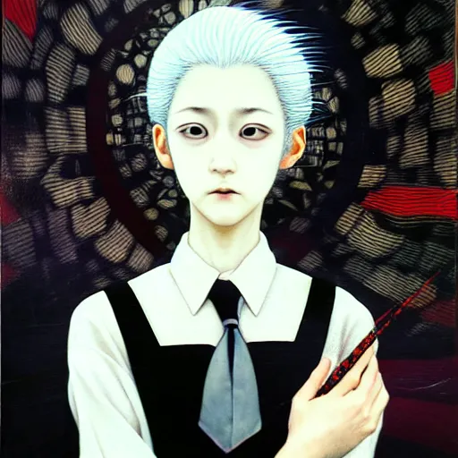 Image similar to yoshitaka amano blurred and dreamy realistic three quarter angle portrait of a young woman with white hair and black eyes wearing dress suit with tie, junji ito abstract patterns in the background, satoshi kon anime, noisy film grain effect, highly detailed, renaissance oil painting, weird portrait angle, blurred lost edges