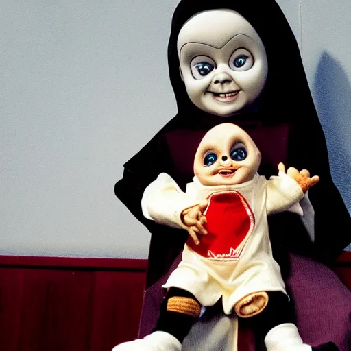 Image similar to a nun in church holding chucky the killer doll on her lap