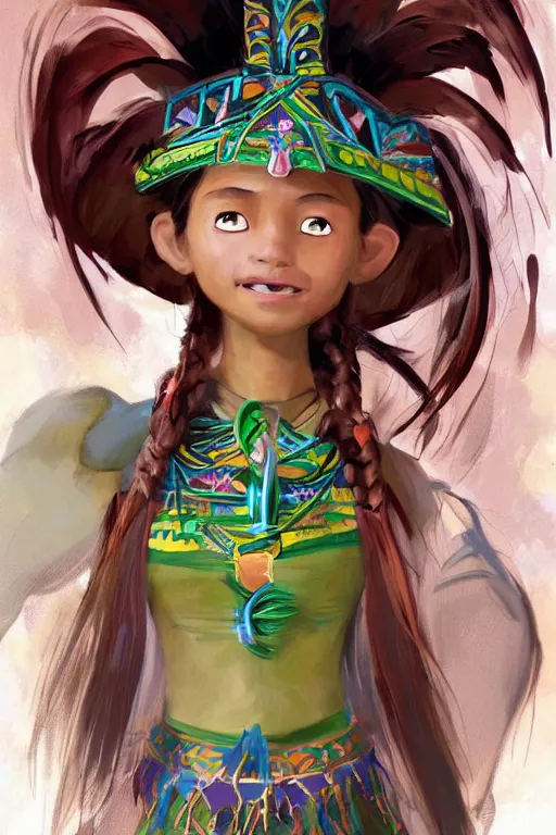 Image similar to a professional cartoony portrait of a indigenous happy kid female warrior, clothed in traditional colombian dance, long dark hair, beautiful bone structure, symmetrical facial features, green eyes, intricate, elegant and graceful, digital painting, concept art, smooth, sharp focus, illustration, finely detailed, from Rayman legends by Ruan Jia and Mandy Jurgens and Artgerm and William-Adolphe Bouguerea, award winning art, trending on Artstation