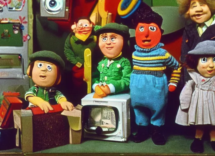 Image similar to a scene from a 1 9 7 0 s british kids tv programme by the bbc and oliver postgate, stop motion animation, postman pat, vhs distortion