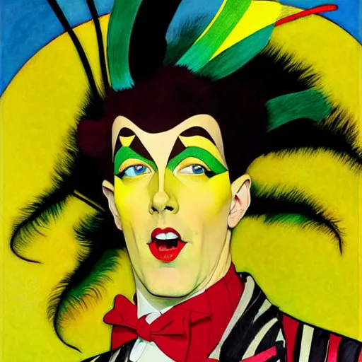 Prompt: art by joshua middleton, the yellow creeper, a tall manically smiling yellow - skinned man with green and black striped cycling shorts and wearing a long red and black striped ostrich feather boa, yellow makeup, mucha, kandinsky, poster, art deco motifs, comic art, stylised modern design, scarlet feather boa