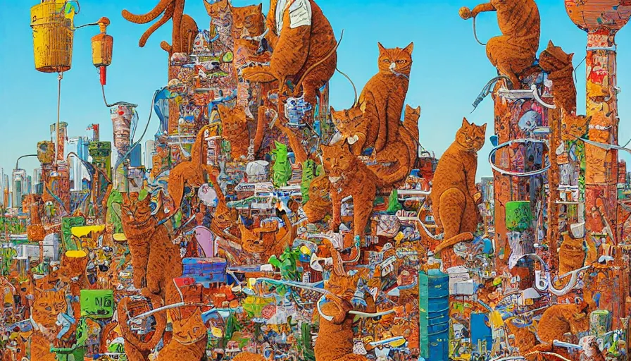 Image similar to highly detailed contemporary acrylic painting of really tall sitting cats by geof darrow, thick brush strokes and visible paint layers, vivid multicolor scheme