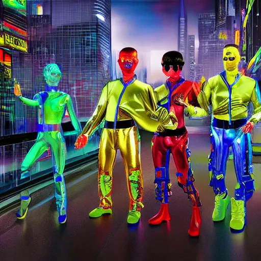 Image similar to stunning award winning hyperrealistic hdr 8 k highly detailed digital painting, trending on artstation of the wiggles cosplaying as cyborgs in futuristic cyberpunk city