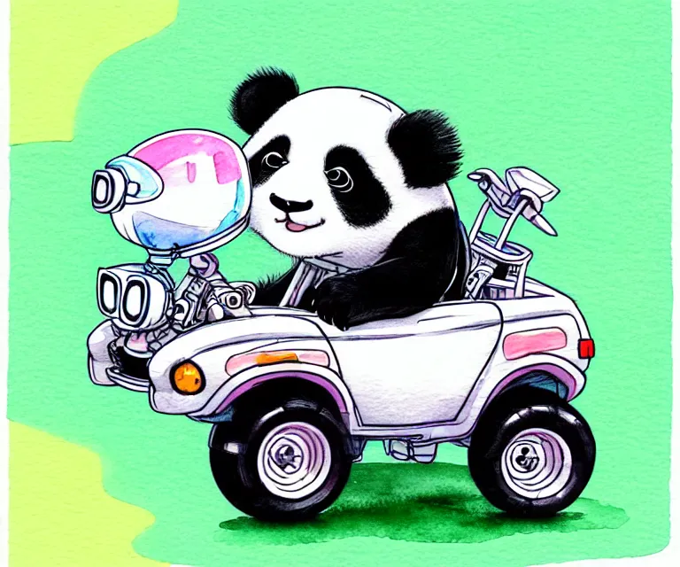 Prompt: cute and funny, panda wearing a helmet riding in a tiny fourwheeler with oversized engine, ratfink style by ed roth, centered award winning watercolor pen illustration, isometric illustration by chihiro iwasaki, edited by range murata, tiny details by artgerm, symmetrically isometrically centered