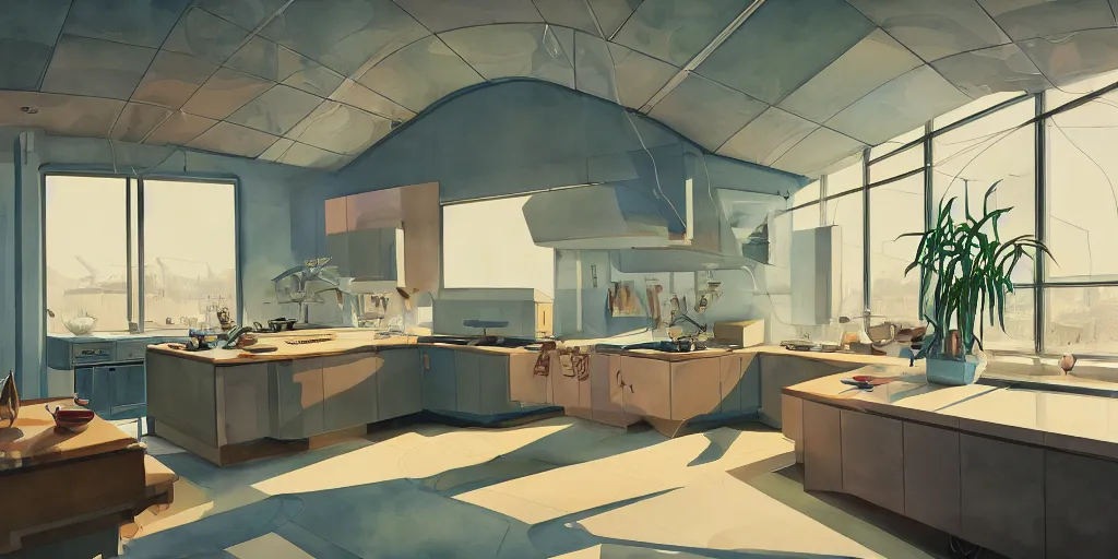 Prompt: a beautiful illustration of futuristic kitchen, lots of furniture, big medium small, sacred geometry, golden ratio, in watercolor gouache detailed paintings, in style of syd mead, trending on artstation, 8 k, panel, hard surface, wallpaper, zaha hadid, scattered props, plant, cozy, decoration, simon stalenhag, wes anderson