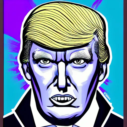 Prompt: character portrait inspired by max headroom and donald trump, digital art work made in comic art style, highly detailed macabre face