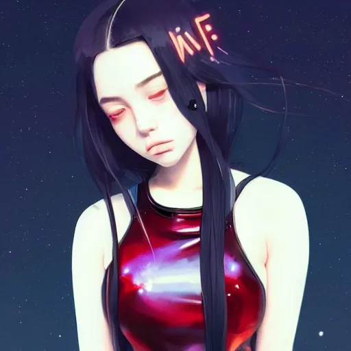 Image similar to a beautiful young japanese billie eilish kat dennings alluring instagram model in elaborate latex tank top, by guweiz and wlop and ilya kuvshinov and artgerm and makoto shinkai and studio ghibli, symmetrical eyes, aesthetic, gorgeous, stunning, alluring, attractive, artstation, deviantart, pinterest, digital art