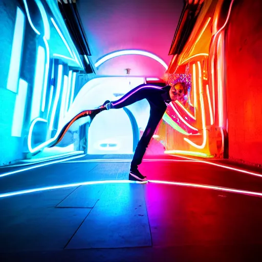 Prompt: break dancer of neon lights, long exposure shot, tron, cinematic view from lower angle, design, adobe