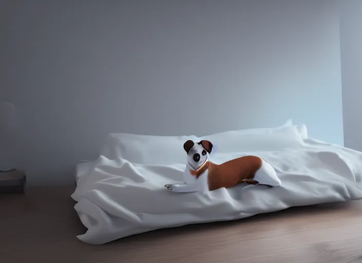 Image similar to photography of a Jack Russel watching outside the window on a bed in a 3d rendered white room, octane render, 3d, foggy, volumetric light, volumetric fog, photorealistic, unreal engine 5