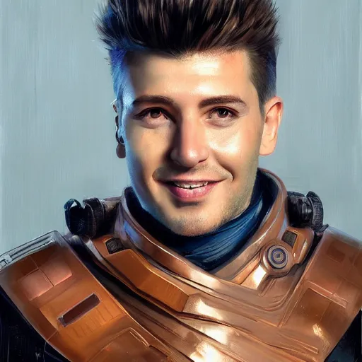 Image similar to Portrait of a man by Greg Rutkowski, he is about 30 years old, mixture between russian and turkish, quiff copper hair, attractive, uncanny smile, he is wearing a futuristic blue police outfit, highly detailed portrait, scifi, digital painting, artstation, concept art, smooth, sharp foccus ilustration, Artstation HQ