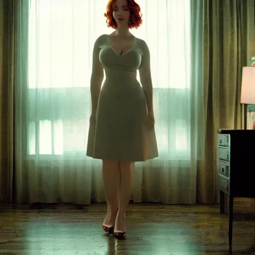 Image similar to amazing beautiful Christina Hendricks with mouth wide open in the living room, film still from the movie directed by Denis Villeneuve , wide lens