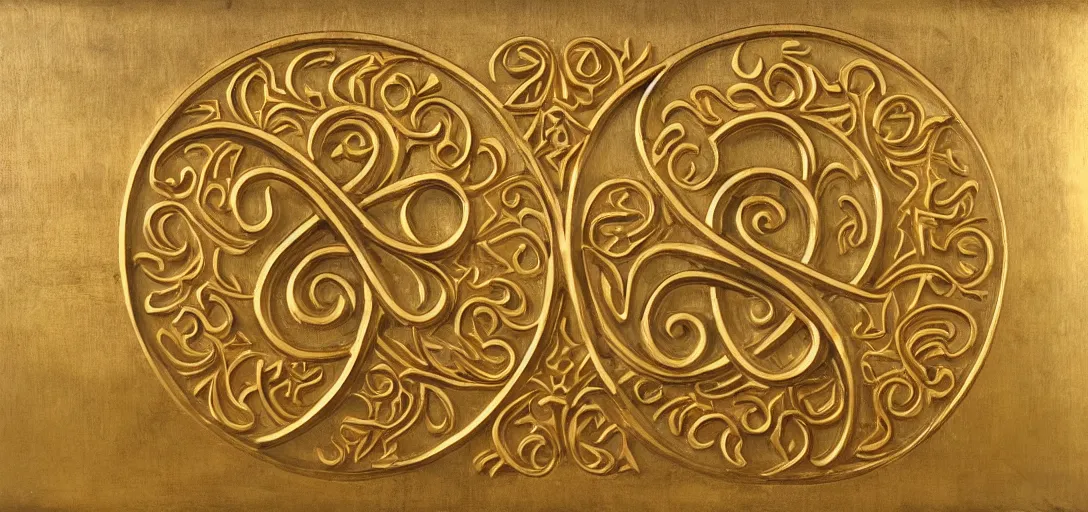 Prompt: ornate bold high - relief deep carving of infinity symbols on a gold panel, art deco