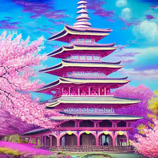 Image similar to detailed airbrushed magical realism oil painting of beautiful pagoda surrounded by blooming pink and white cherry blossom trees 4 k hd