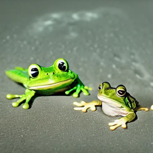 Prompt: a flounder and a frog in love on the moon realistic photo