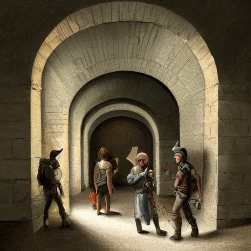 Prompt: adventurers caught in a trap, brick hallway, arched ceiling, chiaroscuro, full color, high detail, digital illustration