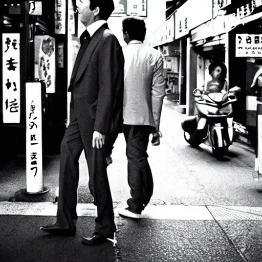 Image similar to Jerry Seinfeld vogues through the streets of Tokyo, are bure boke, 35mm film, b&w, grainy, by Daido Moriyama