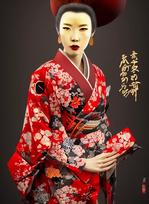 Image similar to portrait of a stylish futuristic geisha, with a red kimono with japanese golden signs written on it, kintsugi, modern fine art, fractal, intricate, elegant, highly detailed, digital photography, subsurface scattering, in the style of ghost, by jheronimus bosch and greg rutkowski,