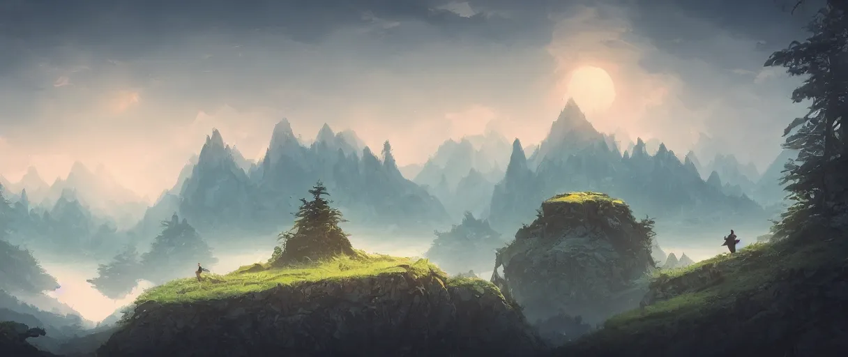 Image similar to floating islands over forest, mountains in background, concept art, low angle, cinematic, style of jordan grimmer