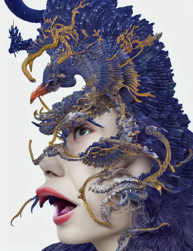 Image similar to 3 d goddess close - up profile portrait with crown, ram skull. beautiful intricately detailed japanese crow kitsune mask and clasical japanese kimono. betta fish, jellyfish phoenix, bio luminescent, plasma, ice, water, wind, creature, artwork by tooth wu and wlop and beeple and greg rutkowski