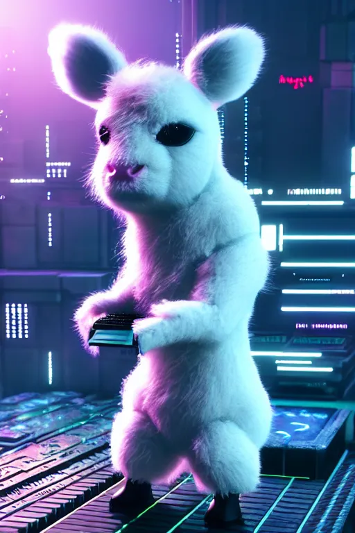 Image similar to high quality 3 d render very cute neuromancer fluffy! cyborg cow playing! keyboard!!, highly detailed, unreal engine cinematic smooth, in the style of blade runner & detective pikachu, hannah yata charlie immer, moody light, low angle, uhd 8 k, sharp focus