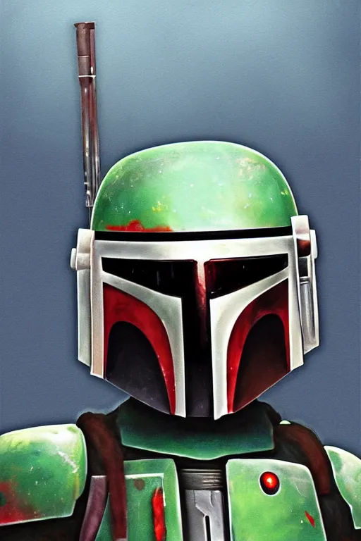 Image similar to portrait of boba fett from star wars, highly detailed, centered, solid color background, digital painting