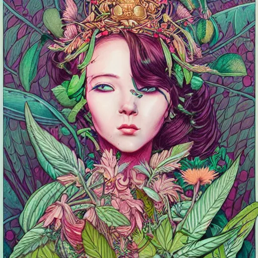 Prompt: goddess of plant medicine art by james jean, and art by loish highly detailed painting trending on arstation vivid colors cannabis