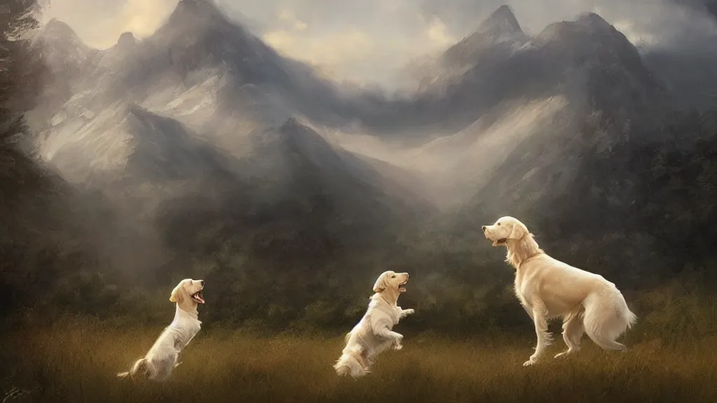 Prompt: “ ballet girl dance with a white golden retriever besides a red cottage, mountains in the background, soft lighting, by charlie bowater, by greg rutkowski ”