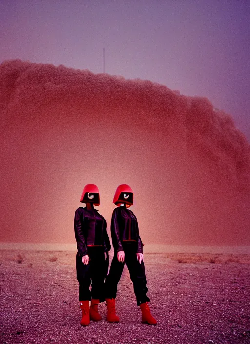 Image similar to photographic portrait shot on cinestill 5 0 d of two loving clones, techwear women on a desolate plain with a red sky, a brutalist dark metal facility in the background, dust storm, 3 5 mm, 8 k, depth of field, high resolution, ultra realistic faces