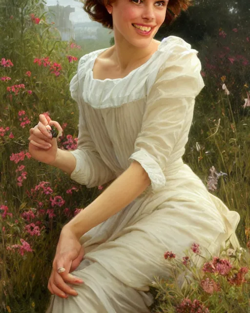 Prompt: a portrait painting of rachel lane / sabrina lloyd / perdita weeks / rachel mcadams / nicole de boer hybrid oil painting, gentle expression, smiling, elegant clothing, scenic background, extremely detailed and lifelike, artgerm, greg rutkowski, alphonse mucha, vladimir volegov, adolphe bouguereaum, jason edmiston