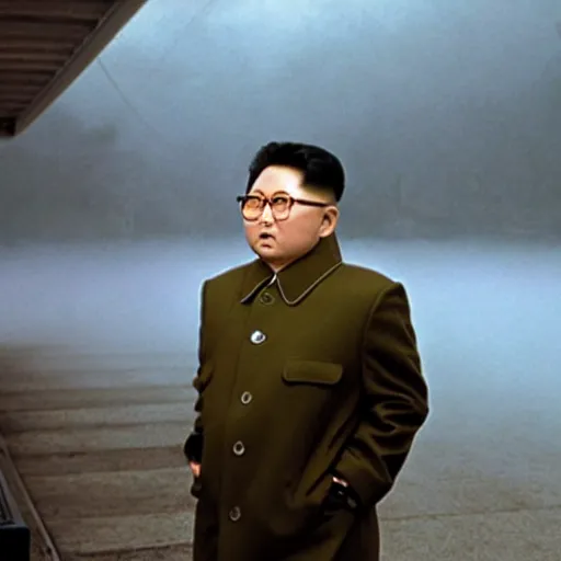 Prompt: Kim Jong-il looking into the fog, filmstill