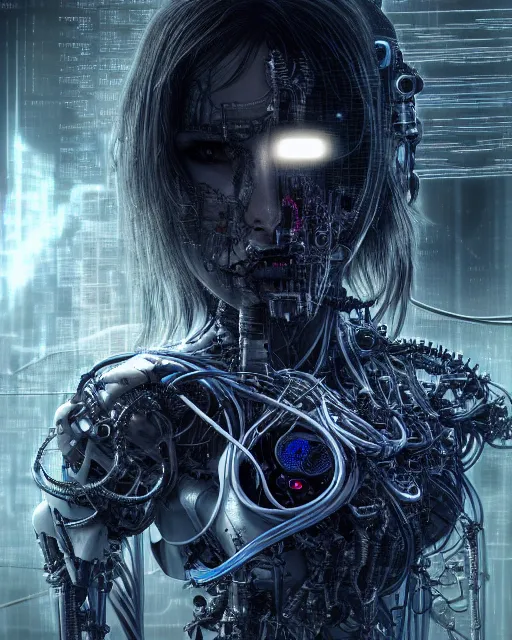 Image similar to portrait photo of an aesthetic biomechanical cyborg plugged into a quantum computer with cables and wires and optic fibers. cyberpunk horror style. art by luis royo. highly detailed 8 k. intricate. nikon d 8 5 0 5 5 mm. award winning photography.