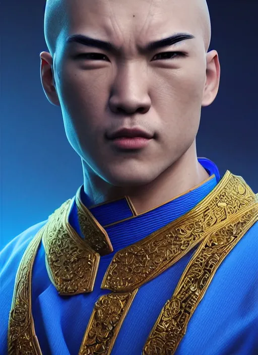 Image similar to male martial artist with a mostly shaved head and a high ponytail!!! asian facial features and blue eyes!! intricate ornate blue robes!! character concept art, sharp focus, octane render! unreal engine 5! highly rendered!! trending on artstation!! detailed linework!! illustration by artgerm, wlop, and chie yoshii