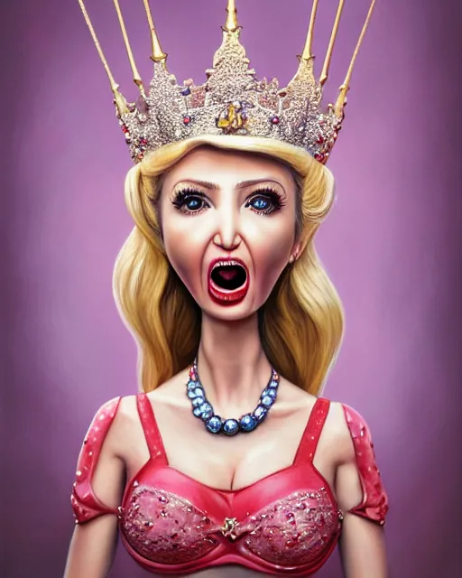 Image similar to closeup profile portrait of a tin toy ivanka trump screaming as a fairytale princess wearing a crown and eating cakes, bikini, hyper realistic, artstation, illustration, nicoletta ceccoli, mark ryden, lostfish, max fleischer, digital paint, matte paint, vivid colors, bright, cheerful, detailed and intricate environment