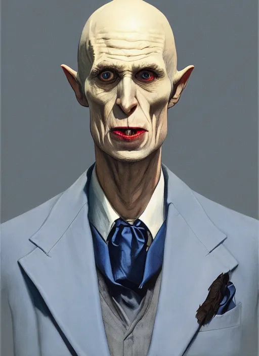Prompt: upper body portrait of blue-faced nosferatu in a suit, by leyendecker and norman rockwell, photoreal, character concept art, artstation