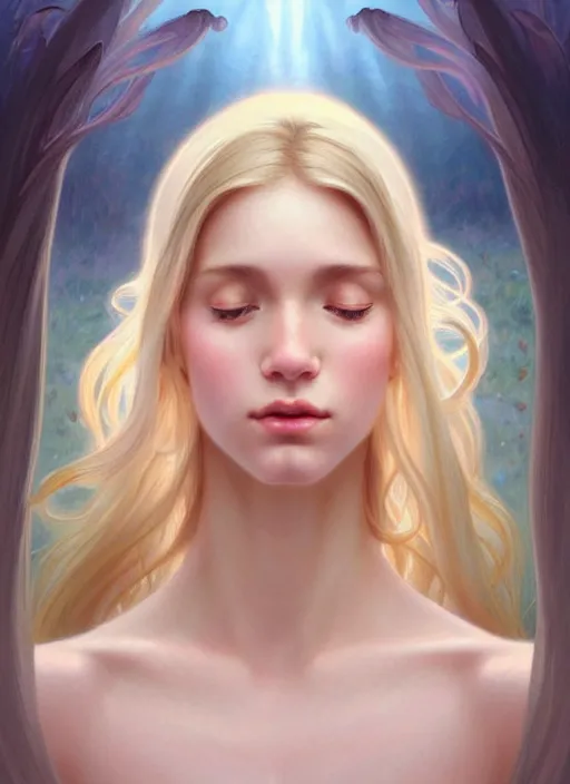 Image similar to perfectly feminine face meditation!! murky lighting, wind blowing, full body portrait of young fairy goddess blessed by nature with ever - increasing physical mental perfection, blonde, symmetrical! intricate, sensual, highly detailed, biblical divine holy perfection!! digital painting, artstation, concept art, smooth, sharp focus, by artgerm and greg rutkowski and alphonse mucha