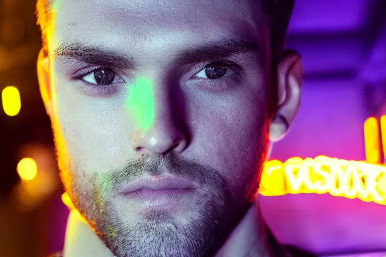 Image similar to handsome man, posing for the camera, neon lighting, closeup!!!!!!, macro!!!!!!, 3 5 mm!!!!!! lens, comprehensive art, neon!!!!!! atmosphere, intricately detailed, indistinguishably unique, 4 k, 8 k, detailed facial features