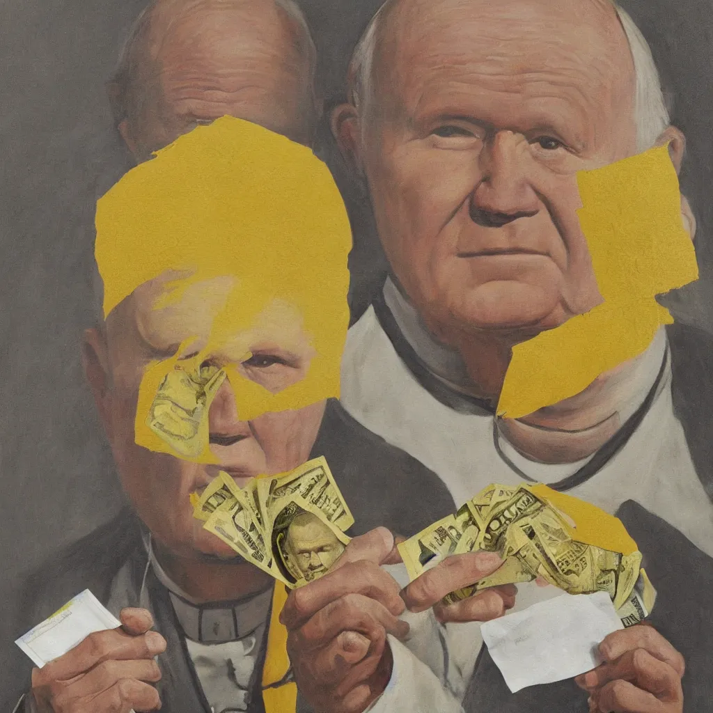 Image similar to Painting of John Paul II with a yellow face holding a 100 dollar bill in his hand